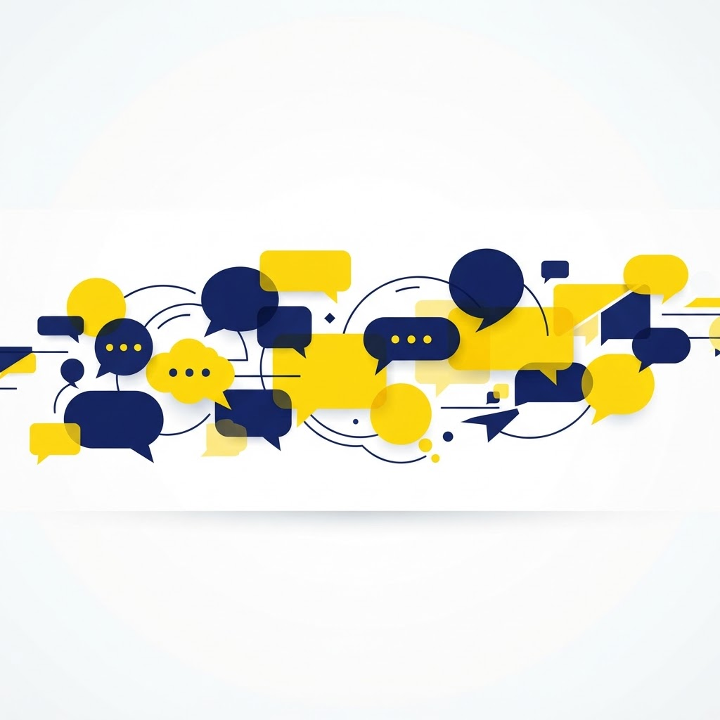 Yellow and navy speech bubbles connected in conversation
