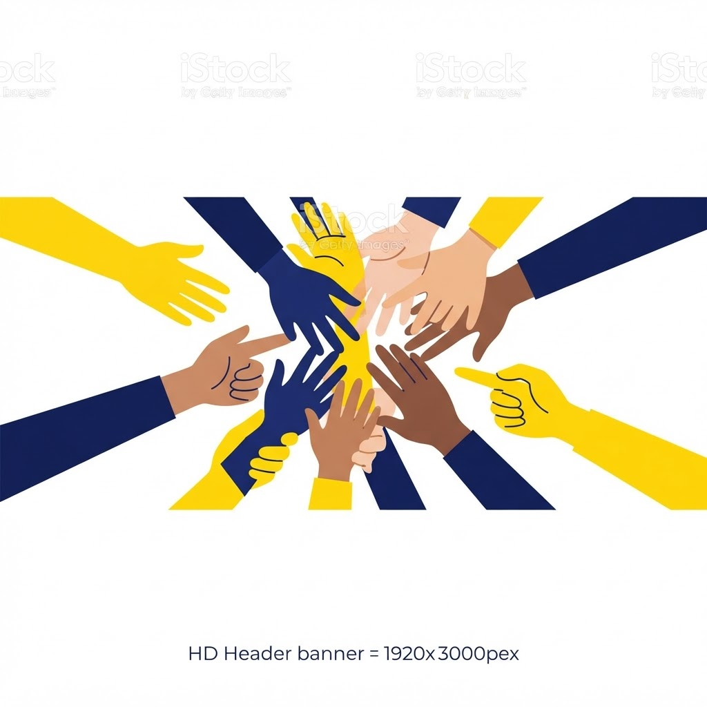 Illustrated hands reaching together towards a shared centre