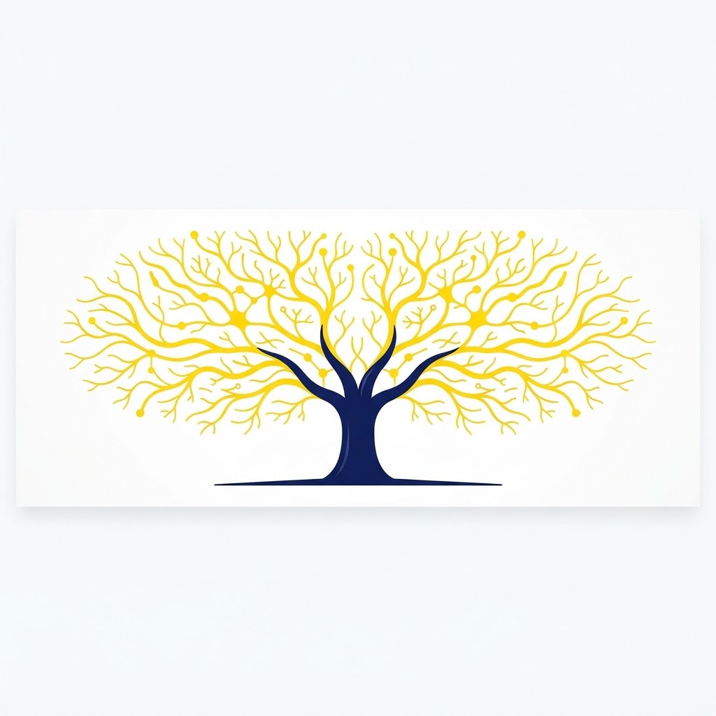 A branching yellow and navy tree, connecting ideas like a growing network